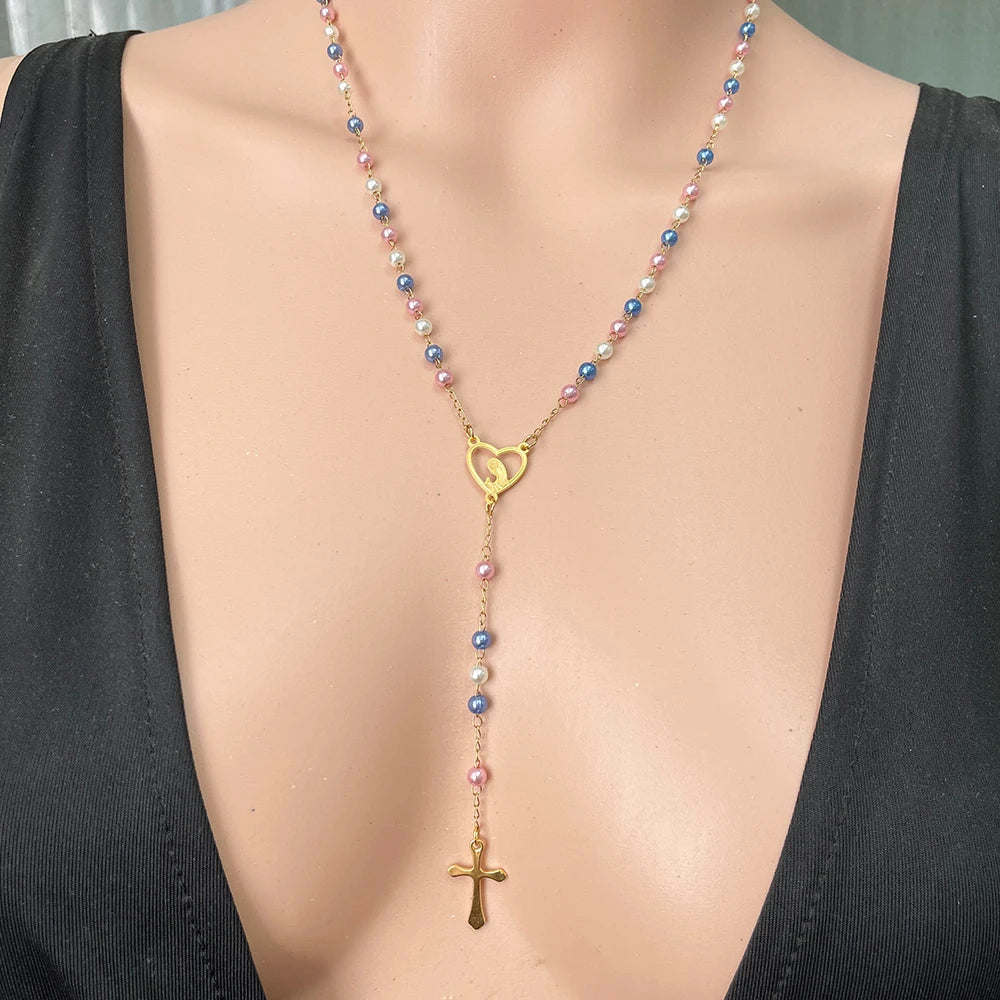 Gold Plated Stainless Steel Virgin Mary Cross Rosary Necklace