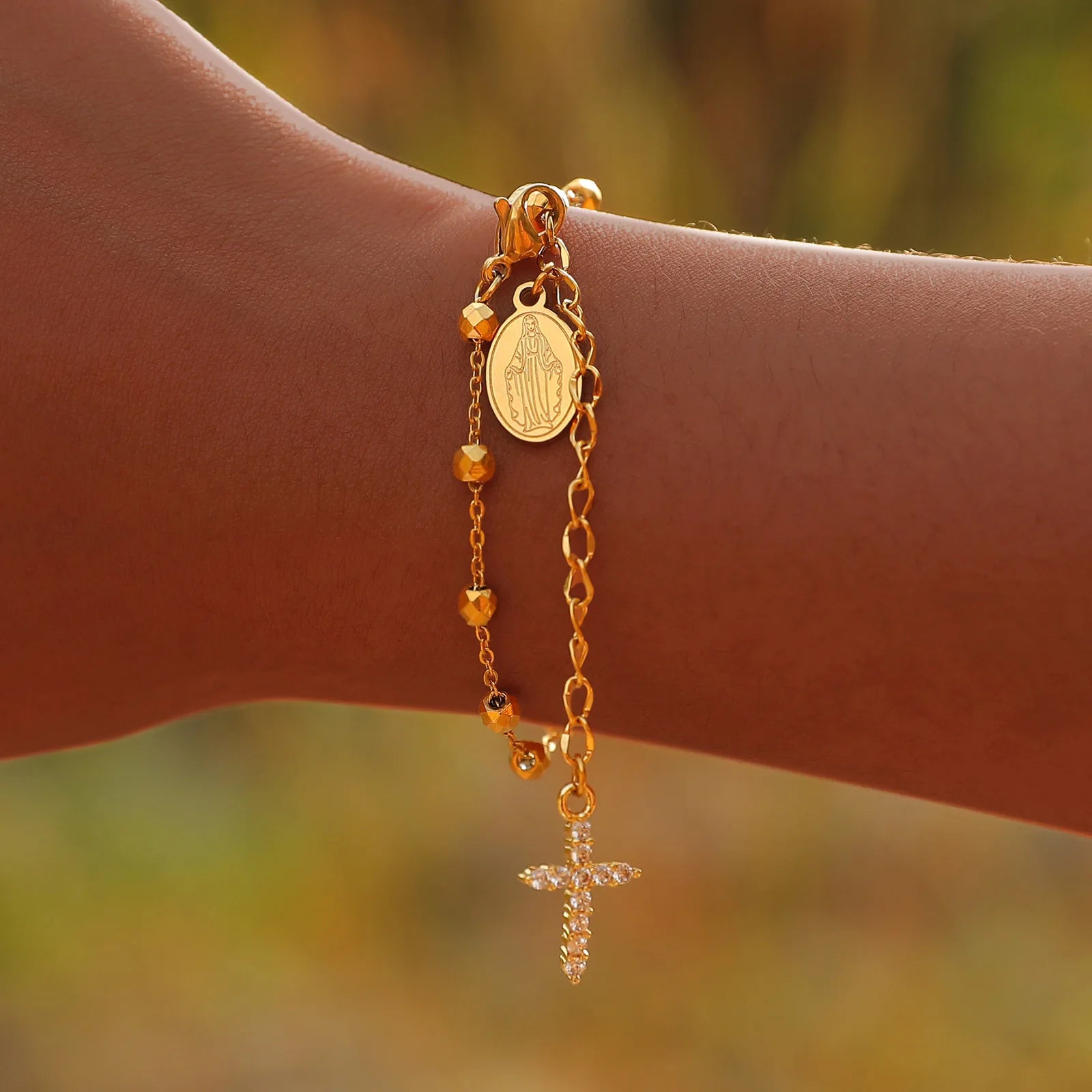 Stainless Steel Zirconia Virgin Mary Cross Rosary Bracelet Adjustable