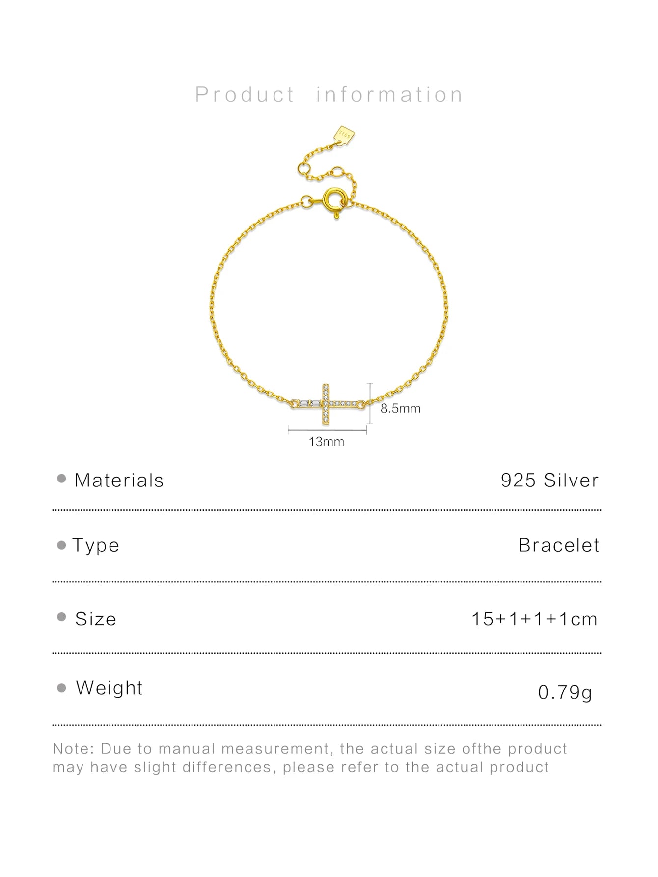 Platinum /18k Gold Plated 925 Sterling Silver Cross Bracelet Adjustable