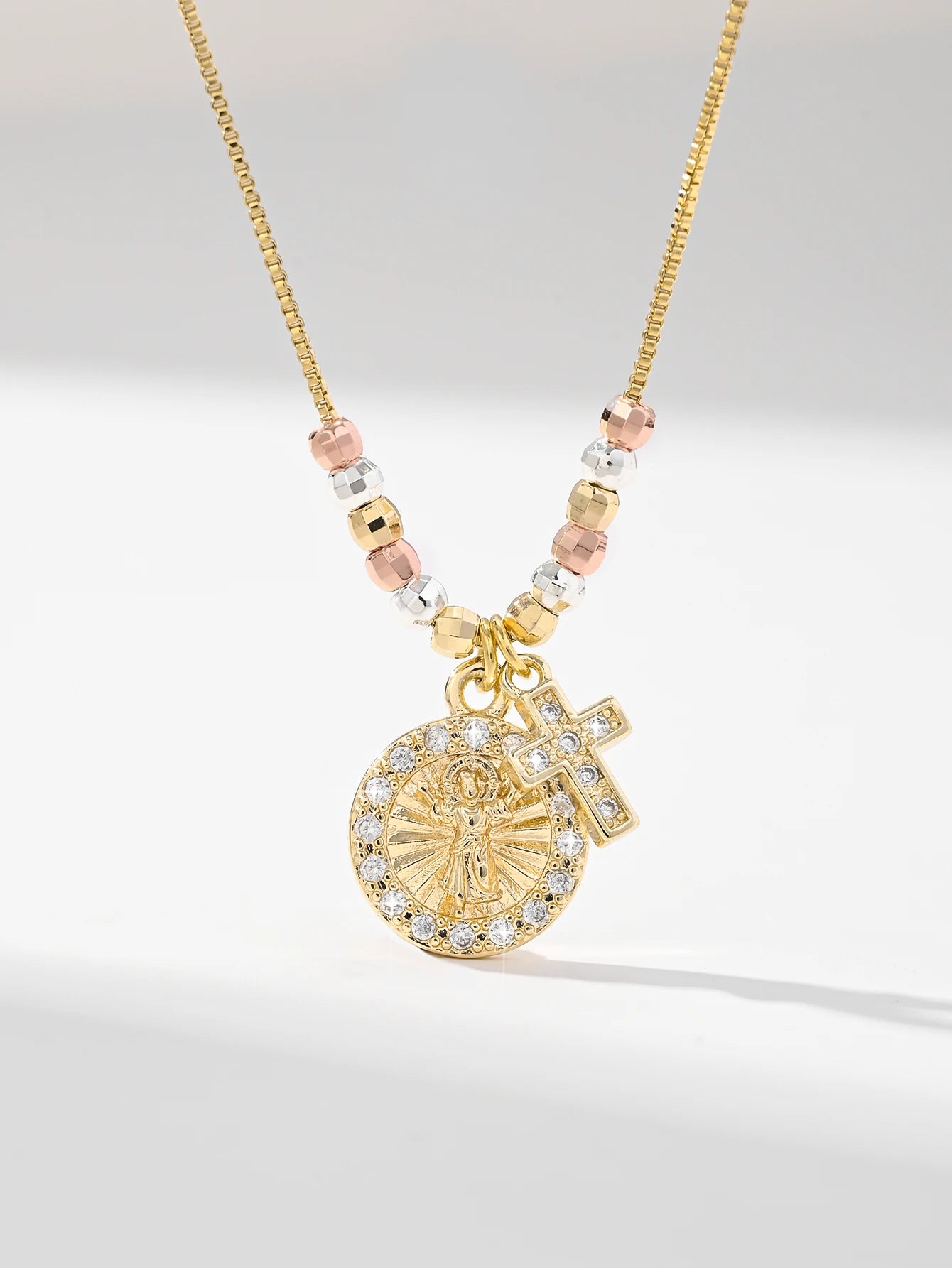 Gold Plated Virgin Mary Round Shape Pendant Necklace