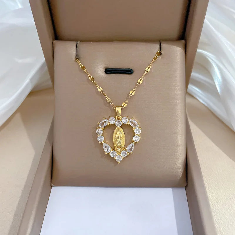 Stainless Steel Virgin Mary Heart Shape Necklace