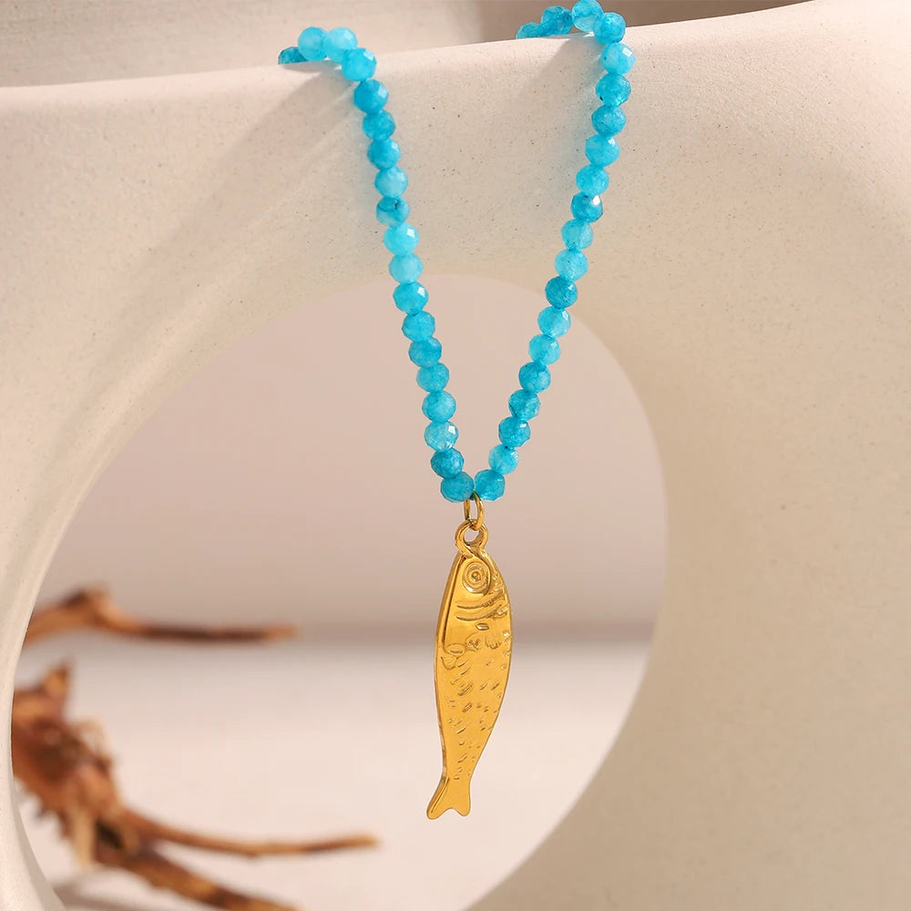 Colorful Natural Stone Chain Star Sun Fish Pearl Pendant Necklace
