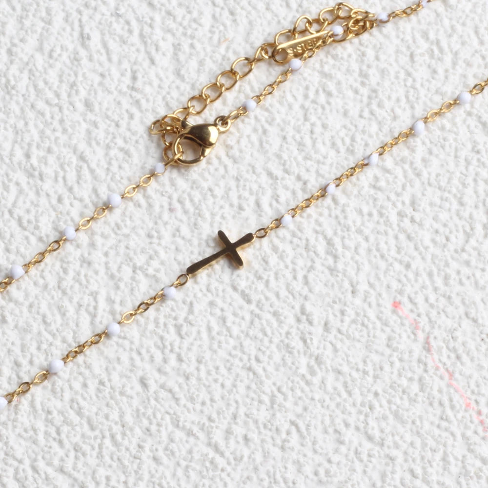 Gold Plated Stainless Steel Cross Peal Necklace