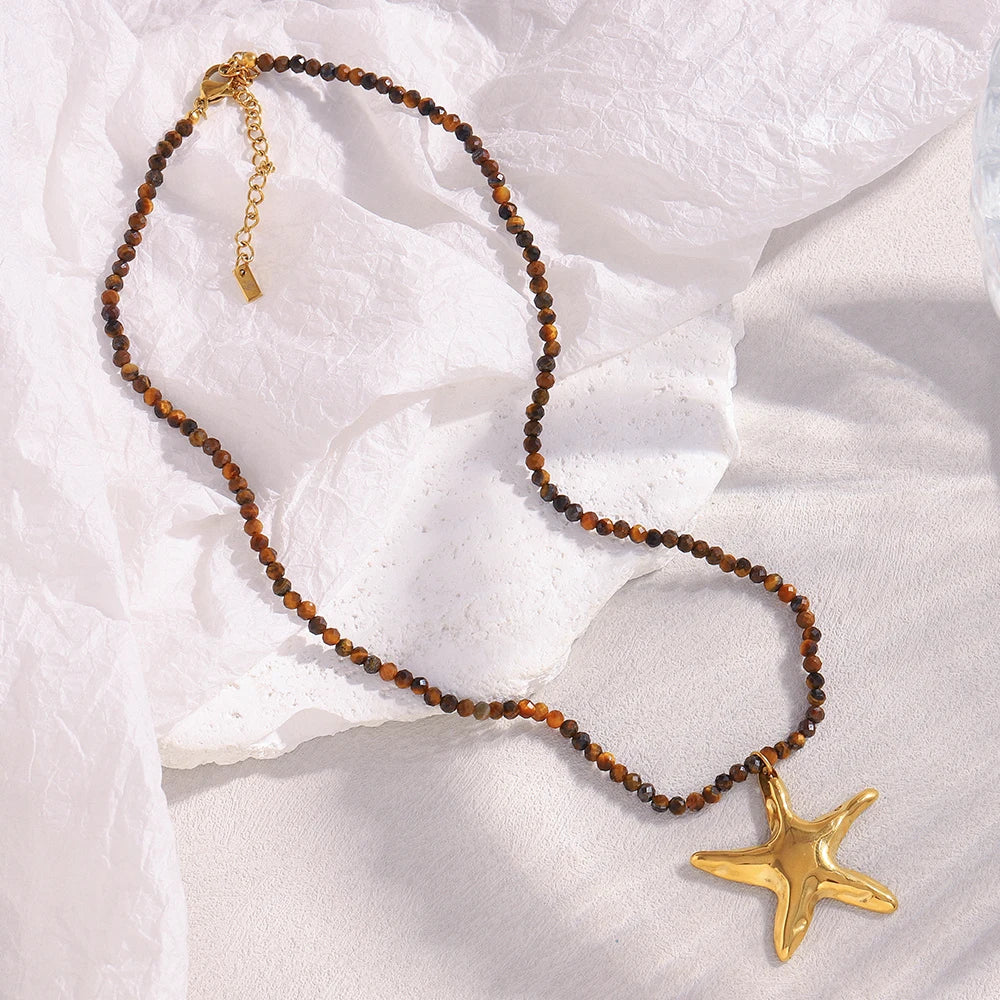 Colorful Natural Stone Chain Star Sun Fish Pearl Pendant Necklace