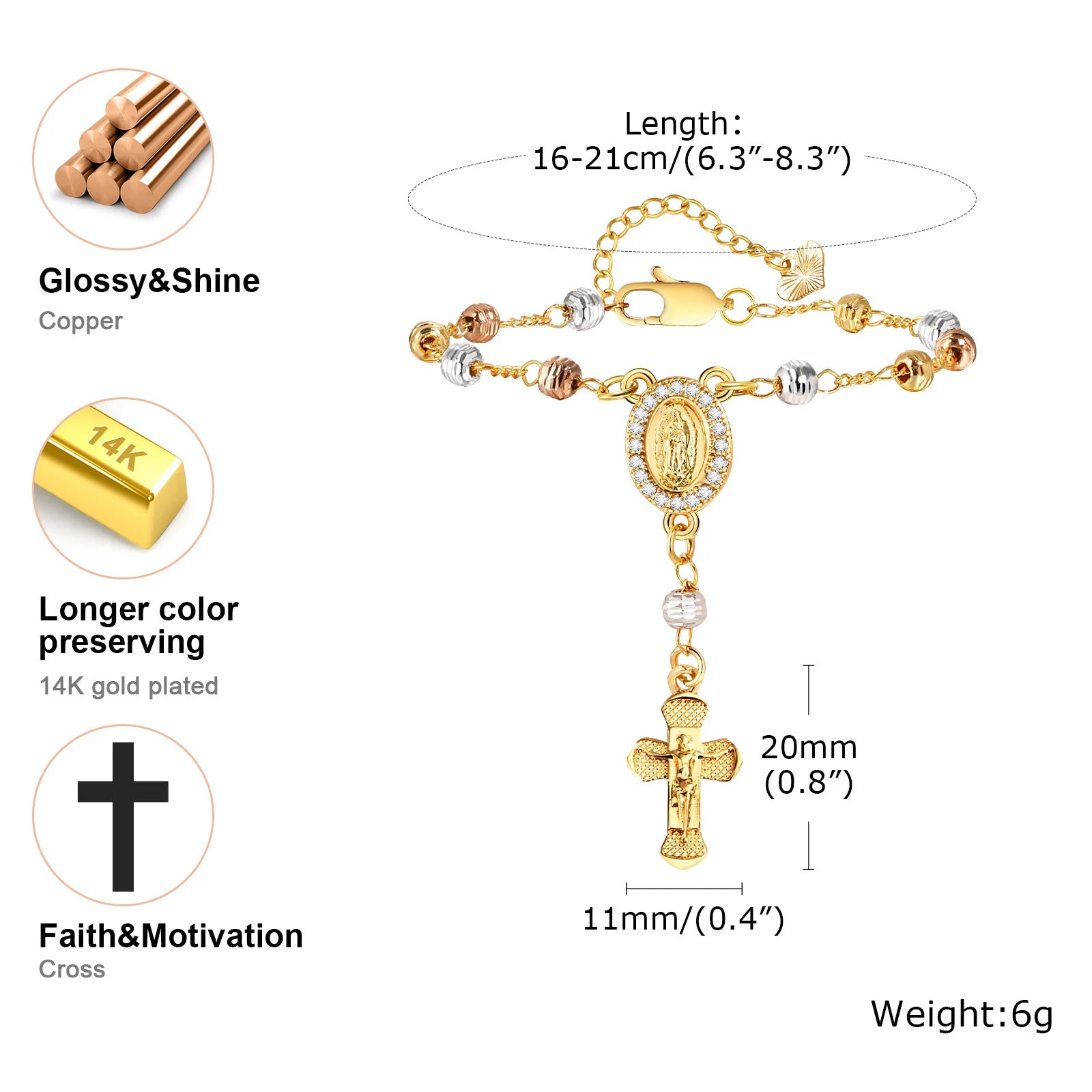 Gold Plated Zirconia Virgin Mary Rosary Tri-color Beaded Wire with Cross Pendent Bracelet Adjustable