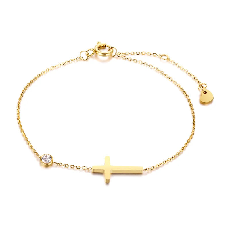 Gold Plated Stainless Steel Zirconia and Cross Bracelet Adjustable