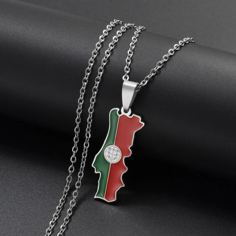 Stainless Steel Portugal Map Flag Pendant Necklace