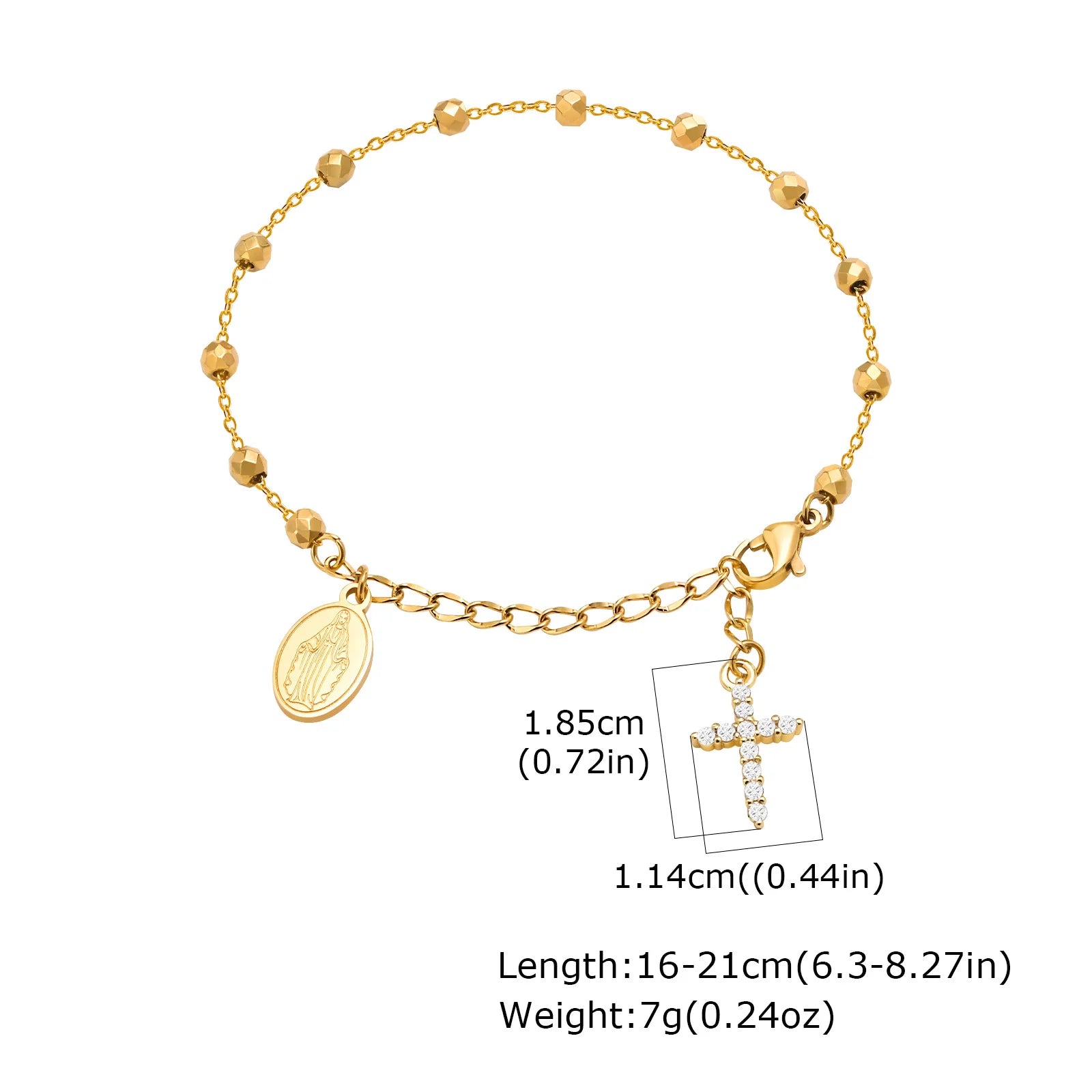 Stainless Steel Zirconia Virgin Mary Cross Rosary Bracelet Adjustable