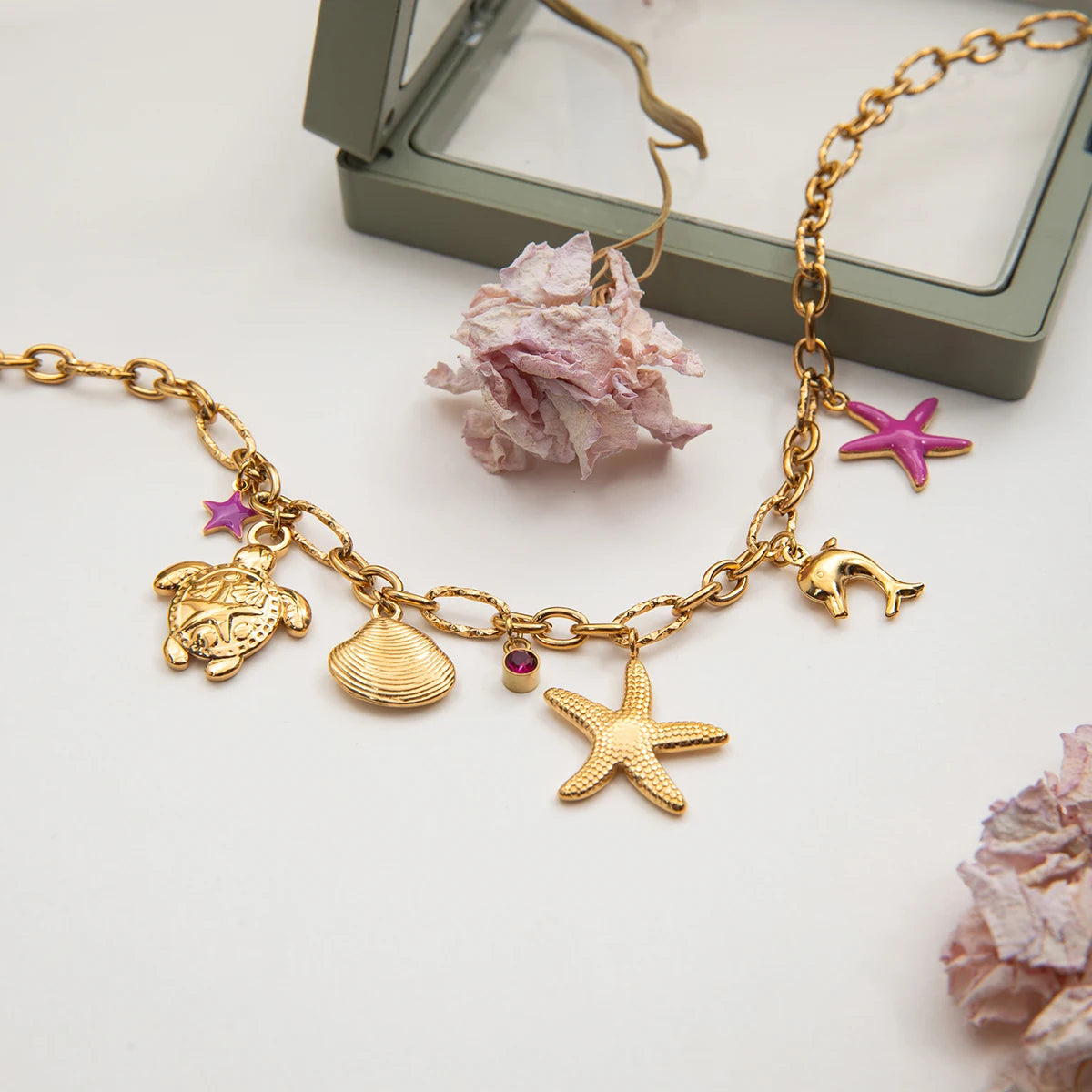 Starfish Shell Turtle Multi Charm Necklace
