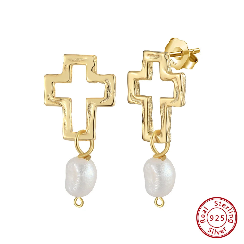 925 Silver Pearl Pendant Chain with Cross Charm Earings