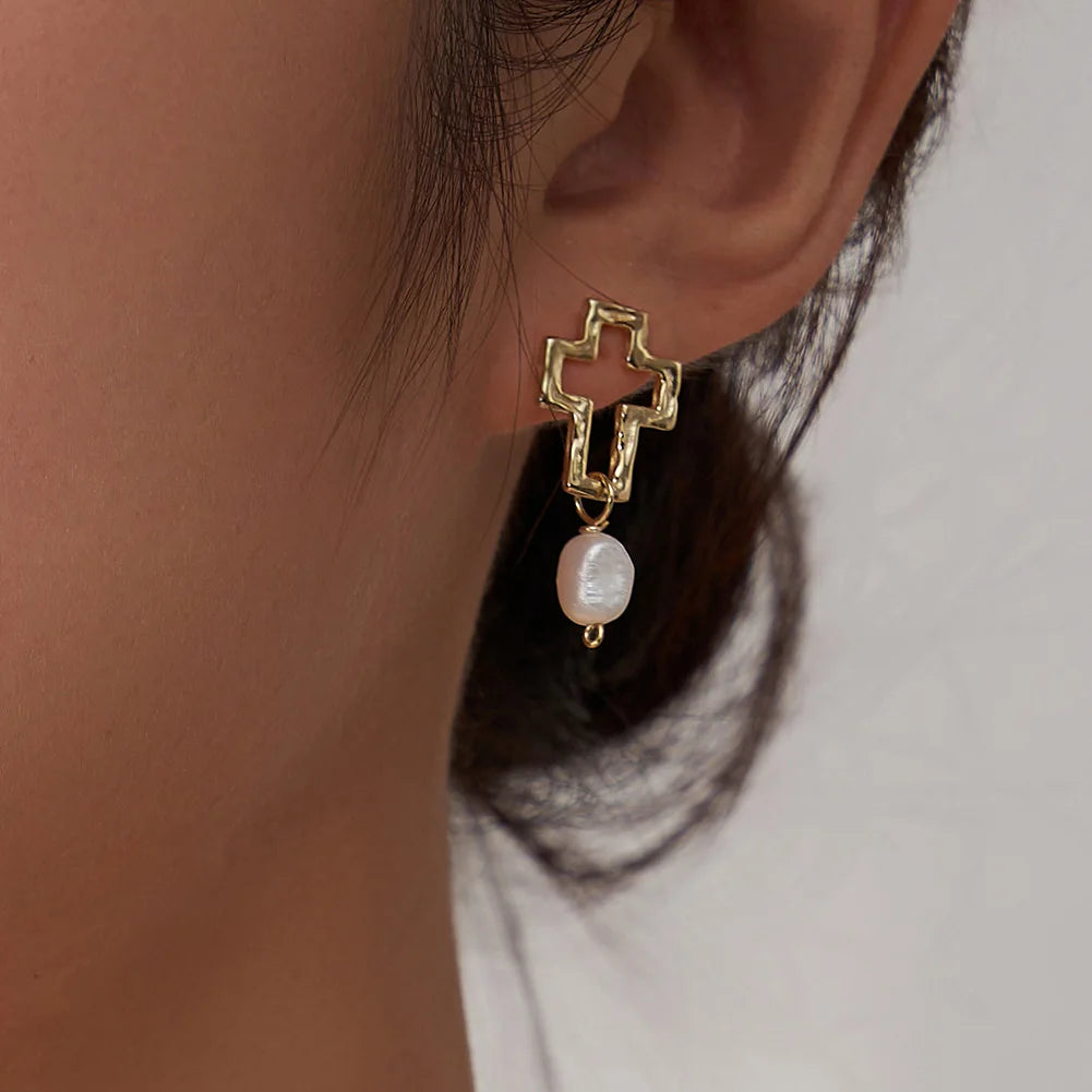 925 Silver Pearl Pendant Chain with Cross Charm Earings