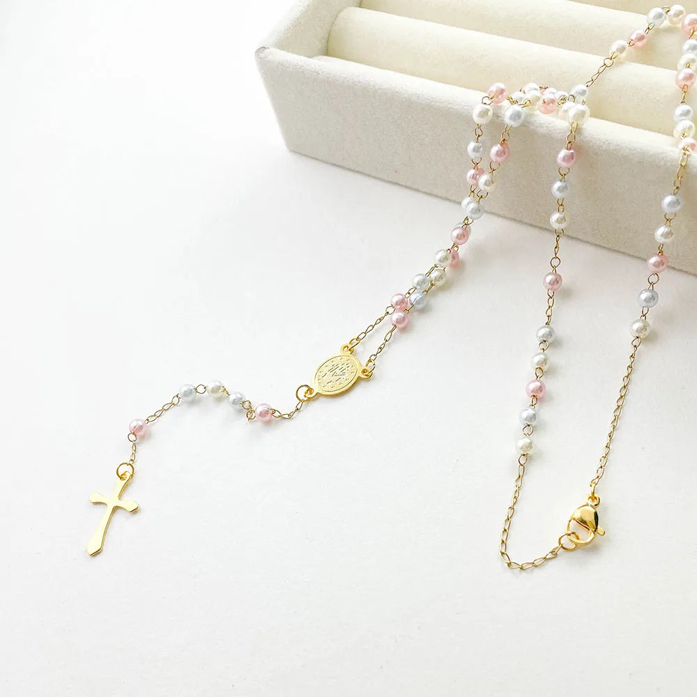 Gold Plated Stainless Steel Virgin Mary Cross Rosary Necklace