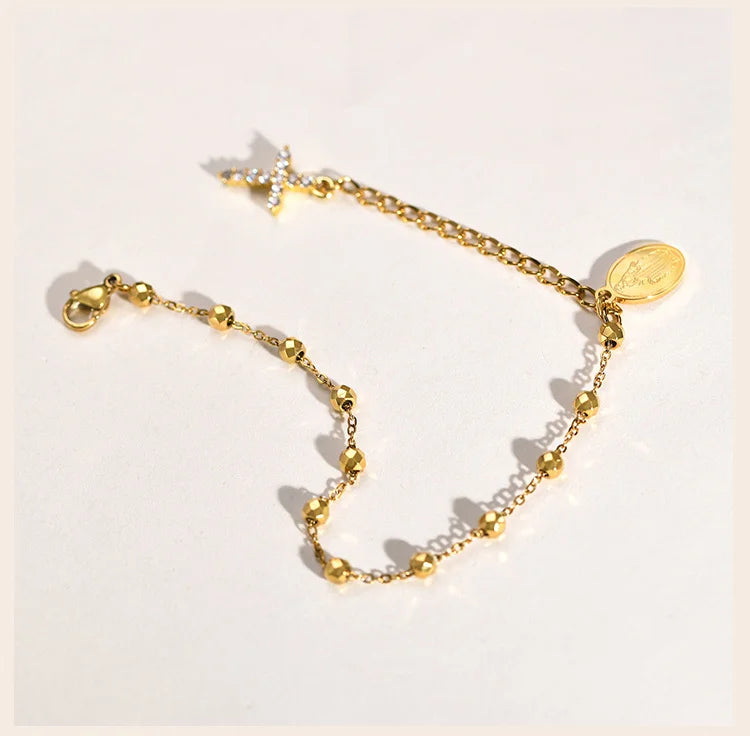 Stainless Steel Zirconia Virgin Mary Cross Rosary Bracelet Adjustable