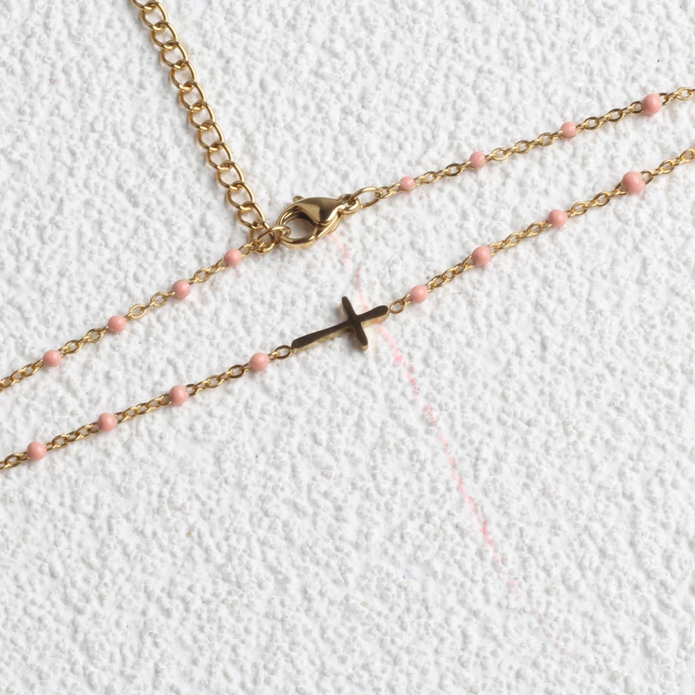 Gold Plated Stainless Steel Cross Peal Necklace