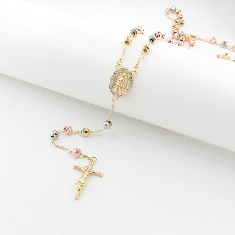 Gold Plated Zirconia Virgin Mary Rosary Tri-color Beaded Wire with Cross Pendent Necklace