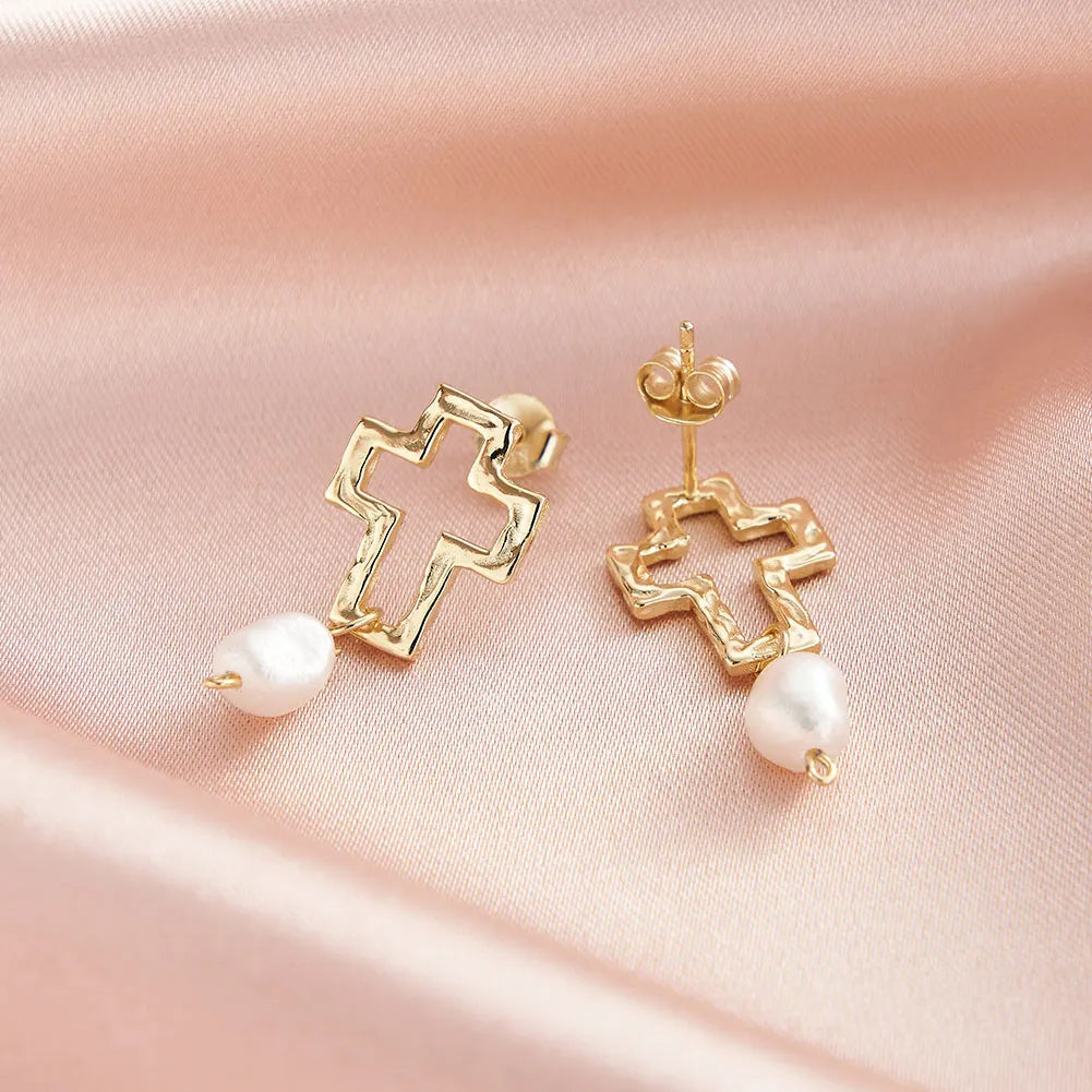 925 Silver Pearl Pendant Chain with Cross Charm Earings