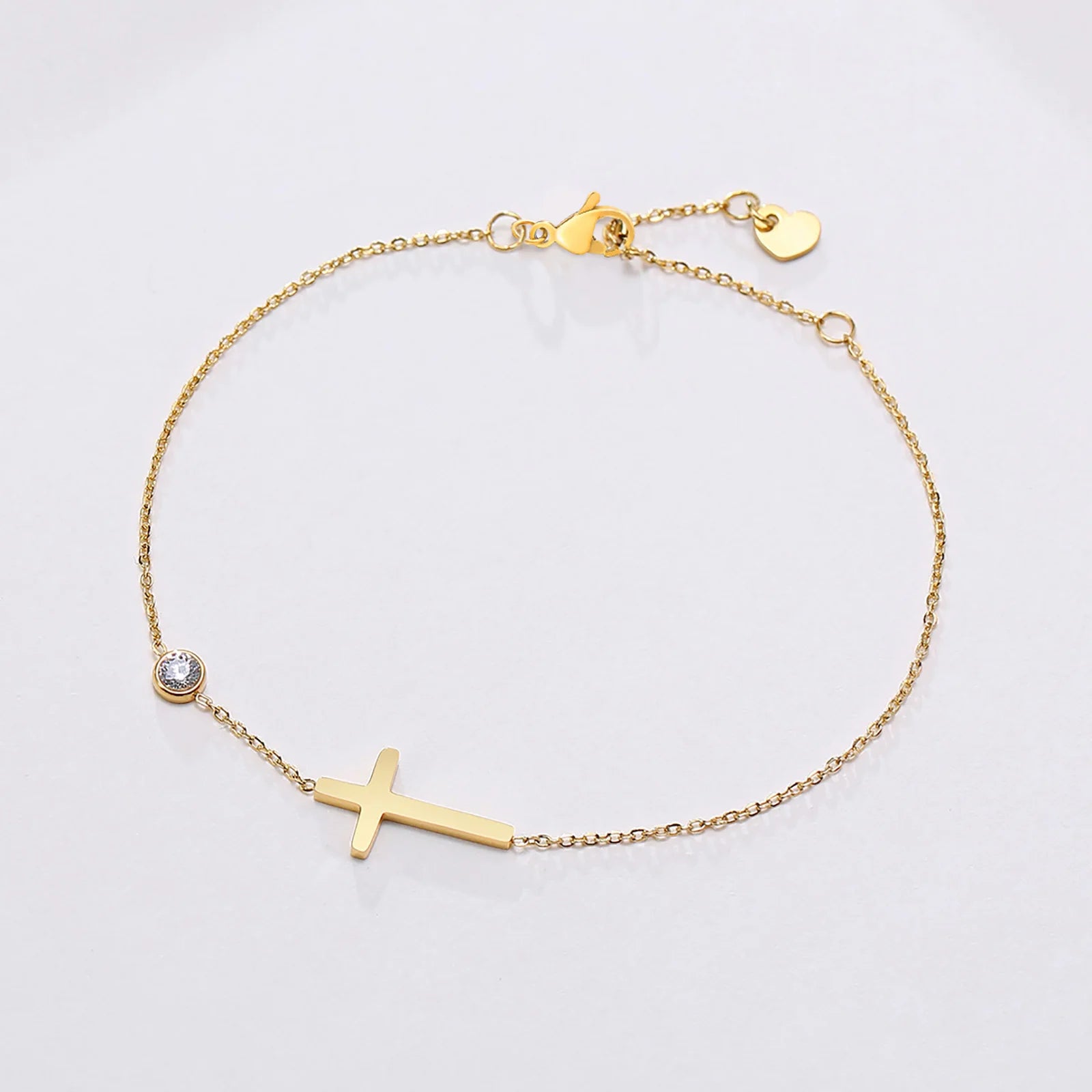 Gold Plated Stainless Steel Zirconia and Cross Bracelet Adjustable