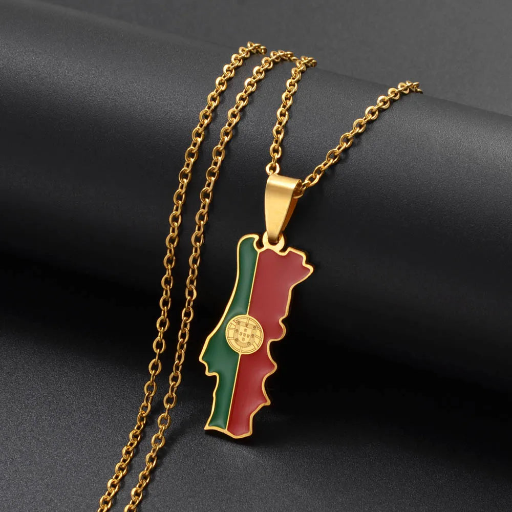 Stainless Steel Portugal Map Flag Pendant Necklace