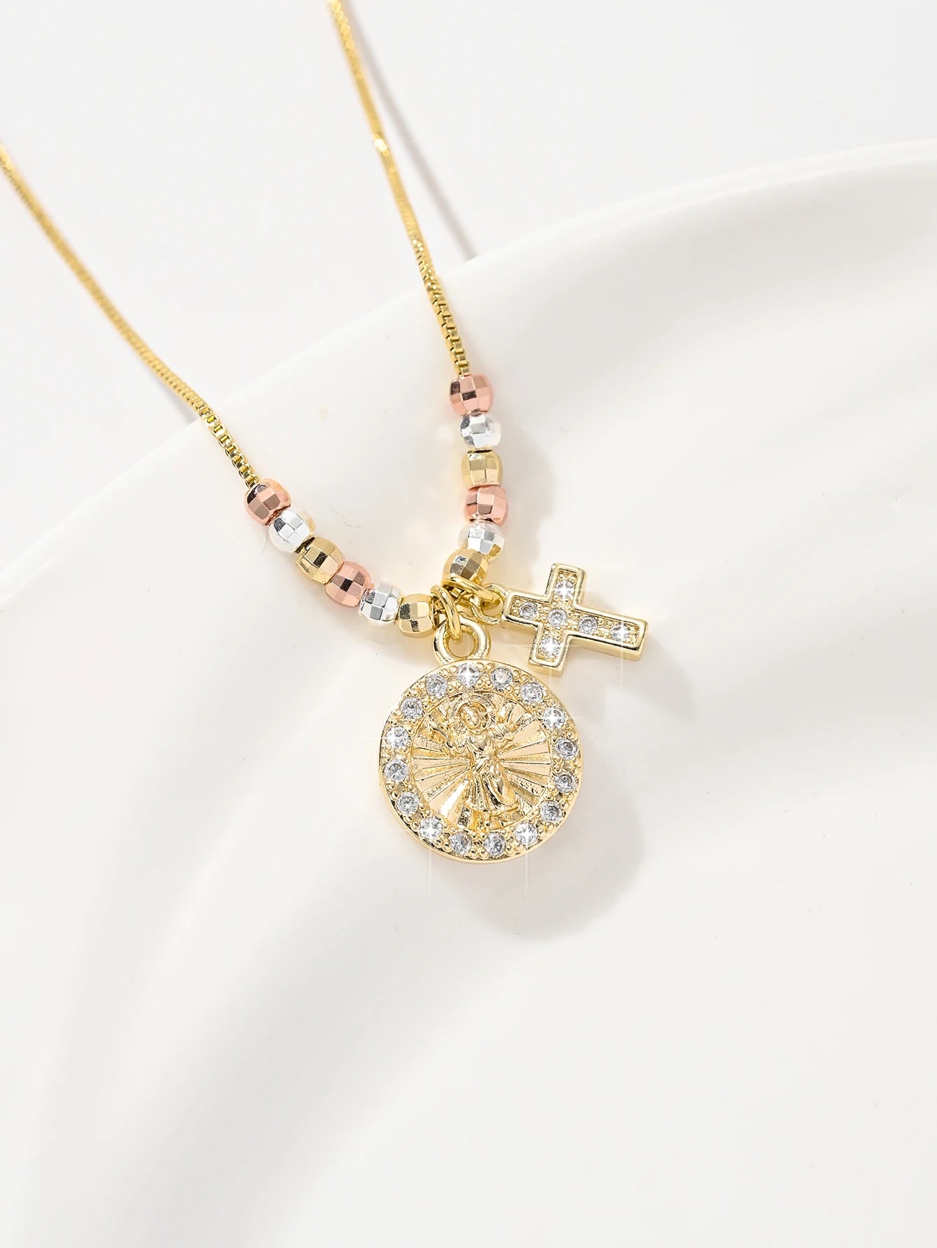 Gold Plated Virgin Mary Round Shape Pendant Necklace