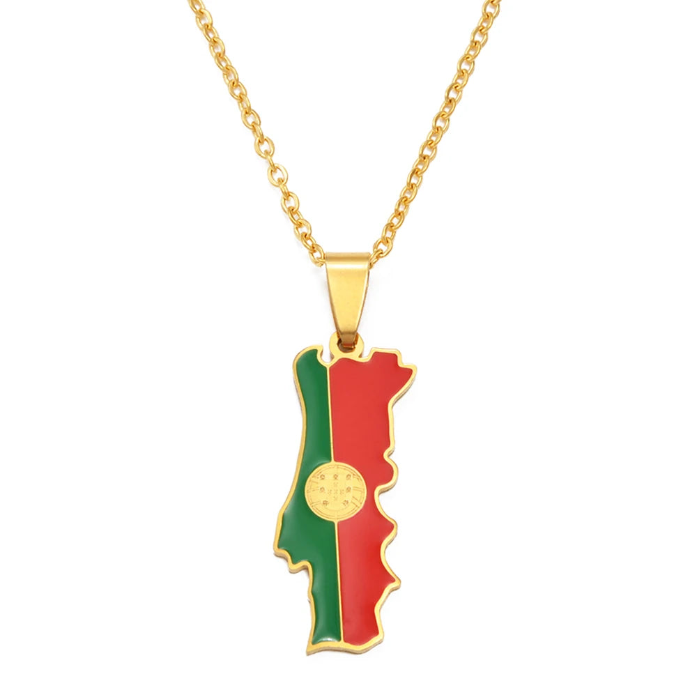 Stainless Steel Portugal Map Flag Pendant Necklace