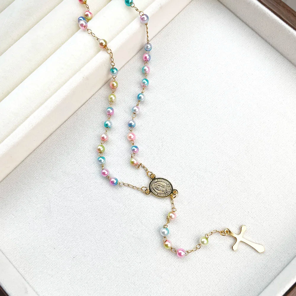 Gold Plated Stainless Steel Virgin Mary Cross Rosary Necklace