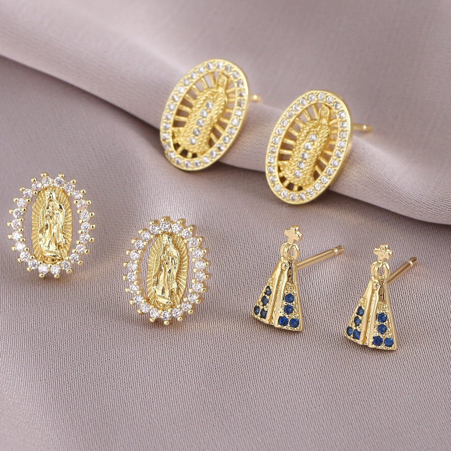 Gold Plated Zircon Virgin Mary Earrings
