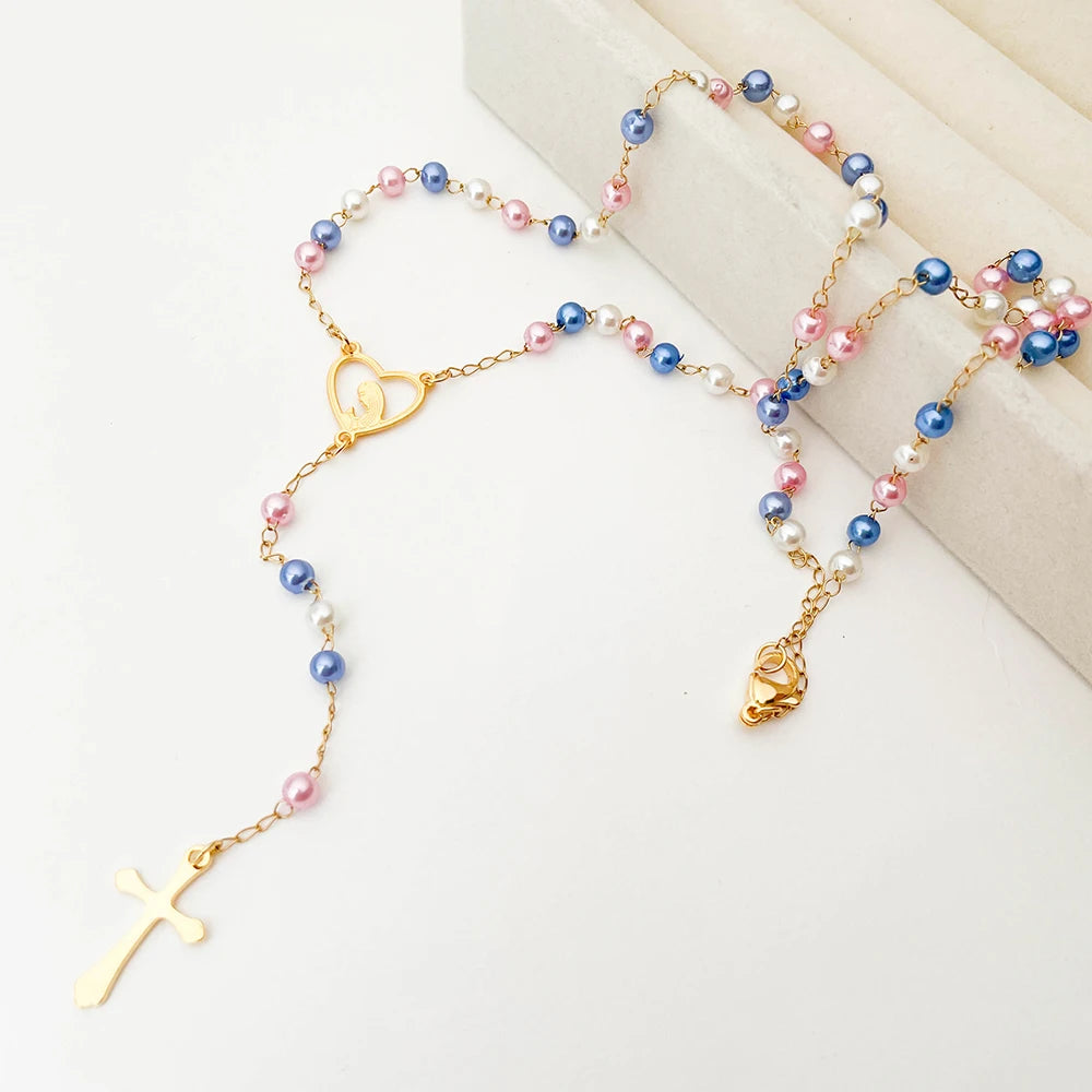 Gold Plated Stainless Steel Virgin Mary Cross Rosary Necklace