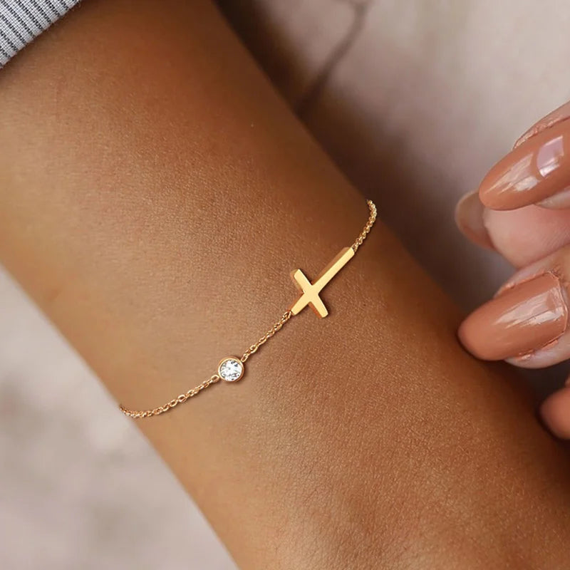 Gold Plated Stainless Steel Zirconia and Cross Bracelet Adjustable