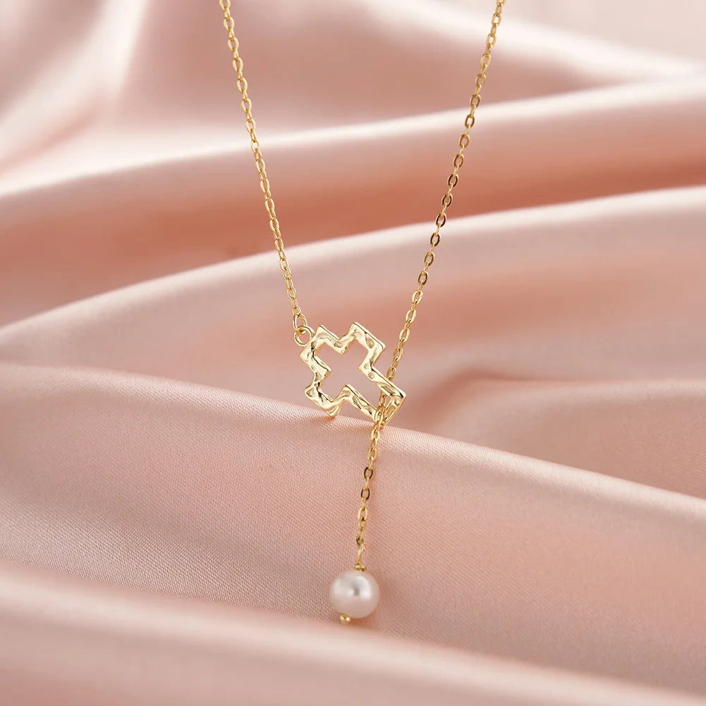 925 Silver Pearl Pendant Chain with Cross Charm Necklace