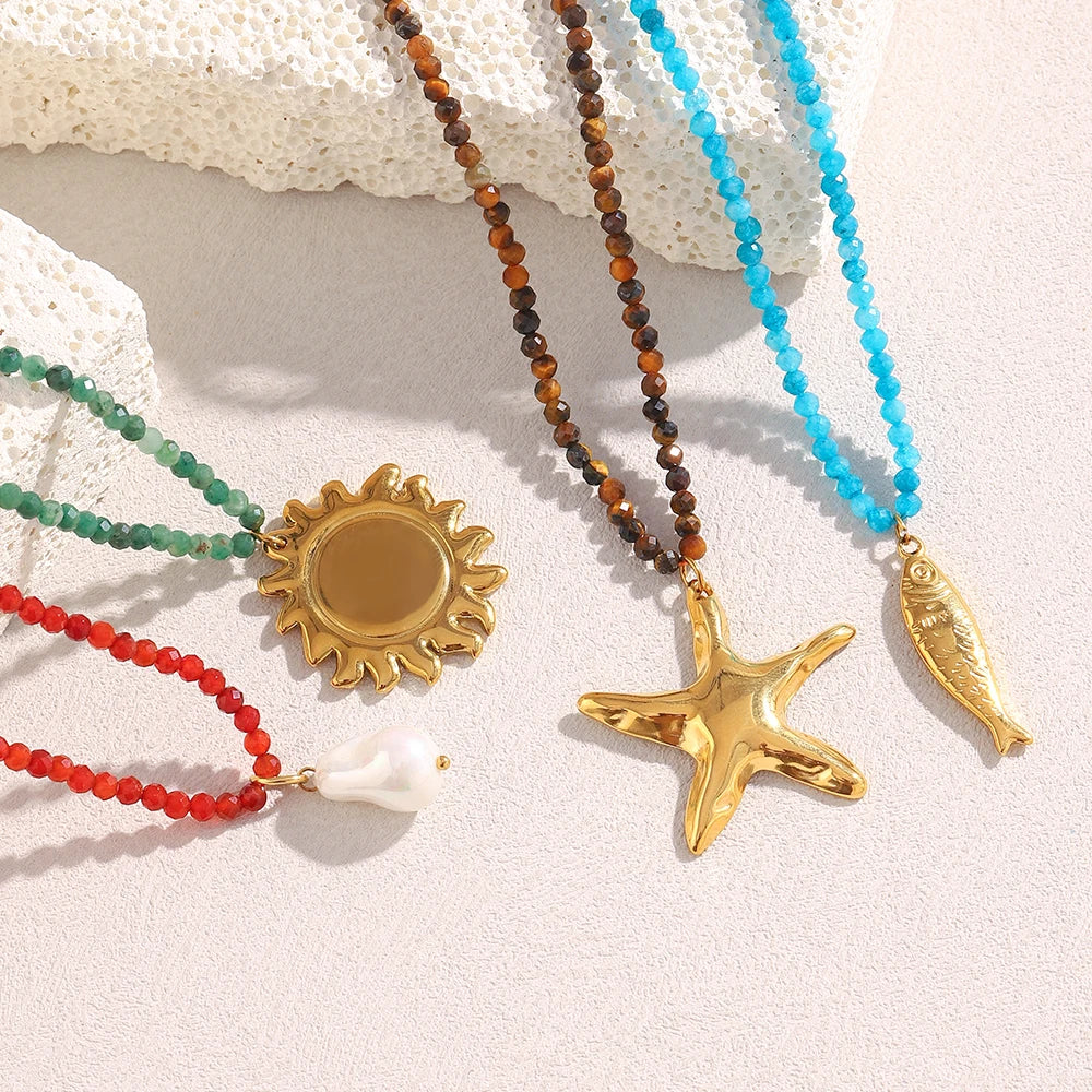 Colorful Natural Stone Chain Star Sun Fish Pearl Pendant Necklace
