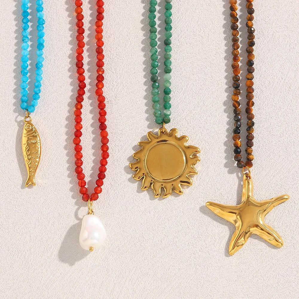 Colorful Natural Stone Chain Star Sun Fish Pearl Pendant Necklace