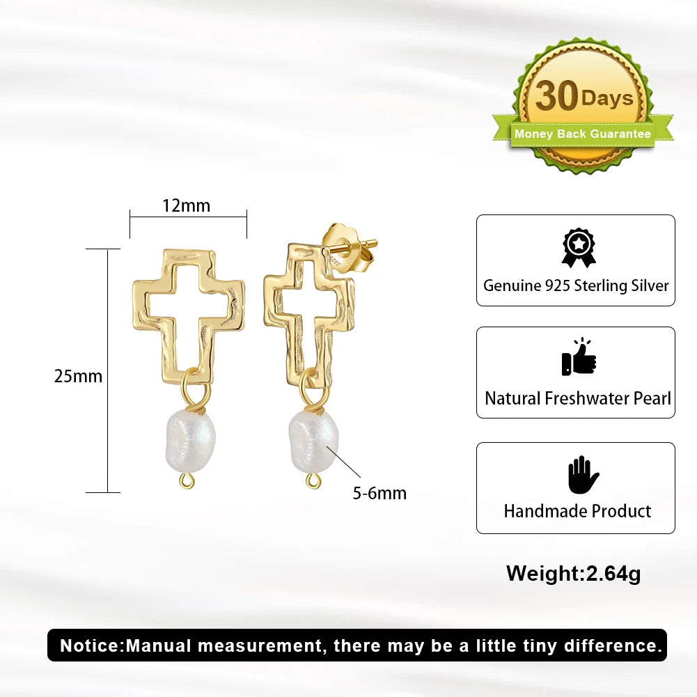 925 Silver Pearl Pendant Chain with Cross Charm Earings