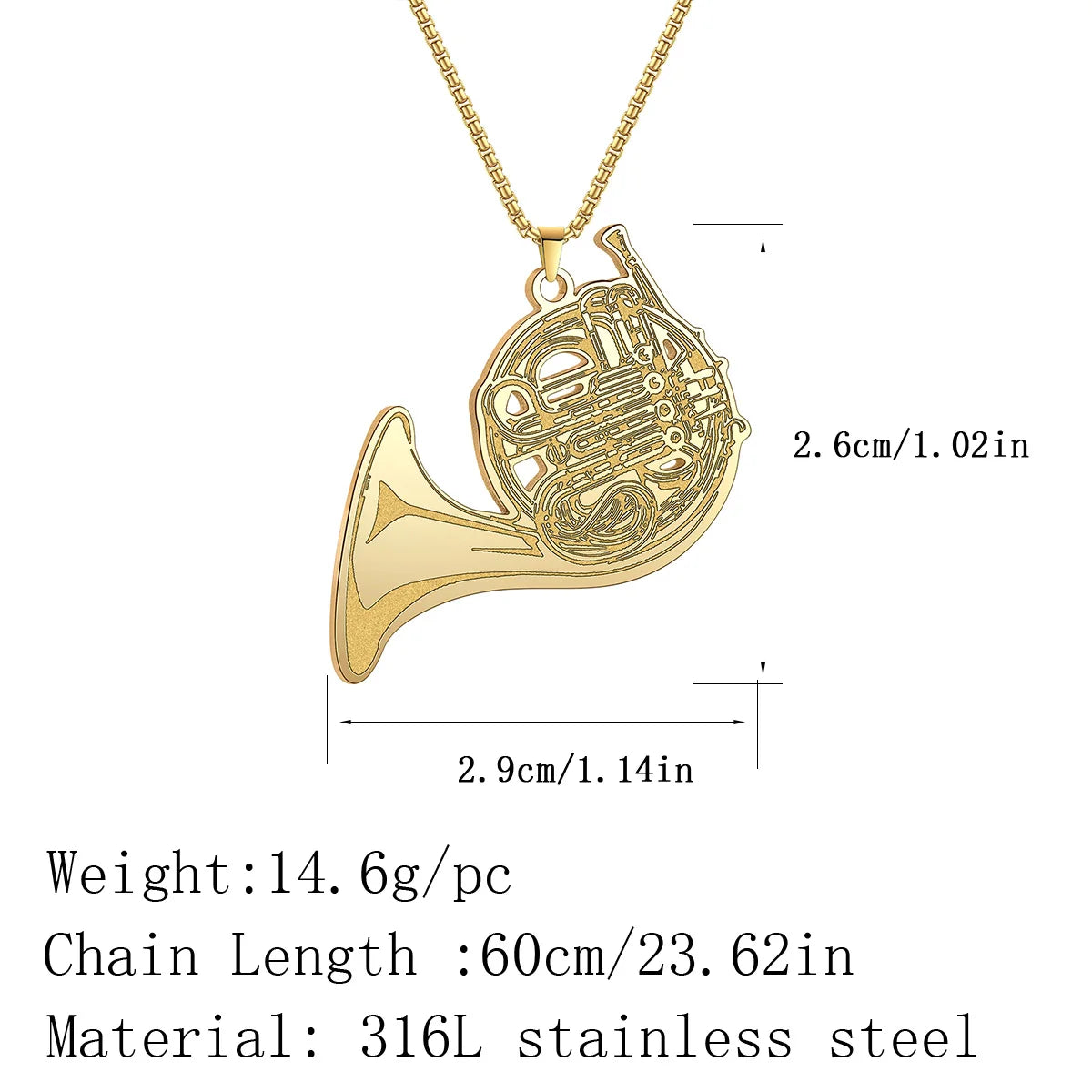 Stainless Steel French Horn Pendant Necklace