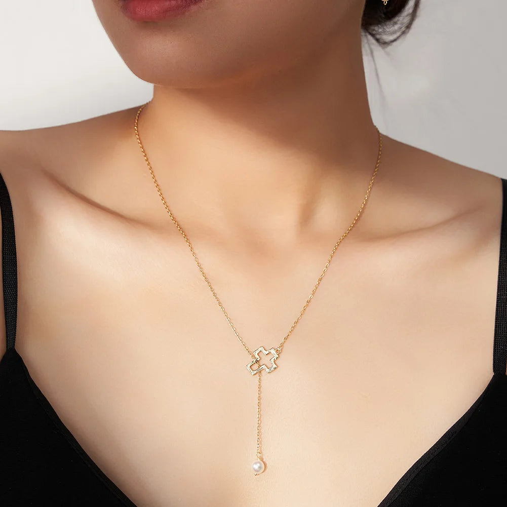 925 Silver Pearl Pendant Chain with Cross Charm Necklace