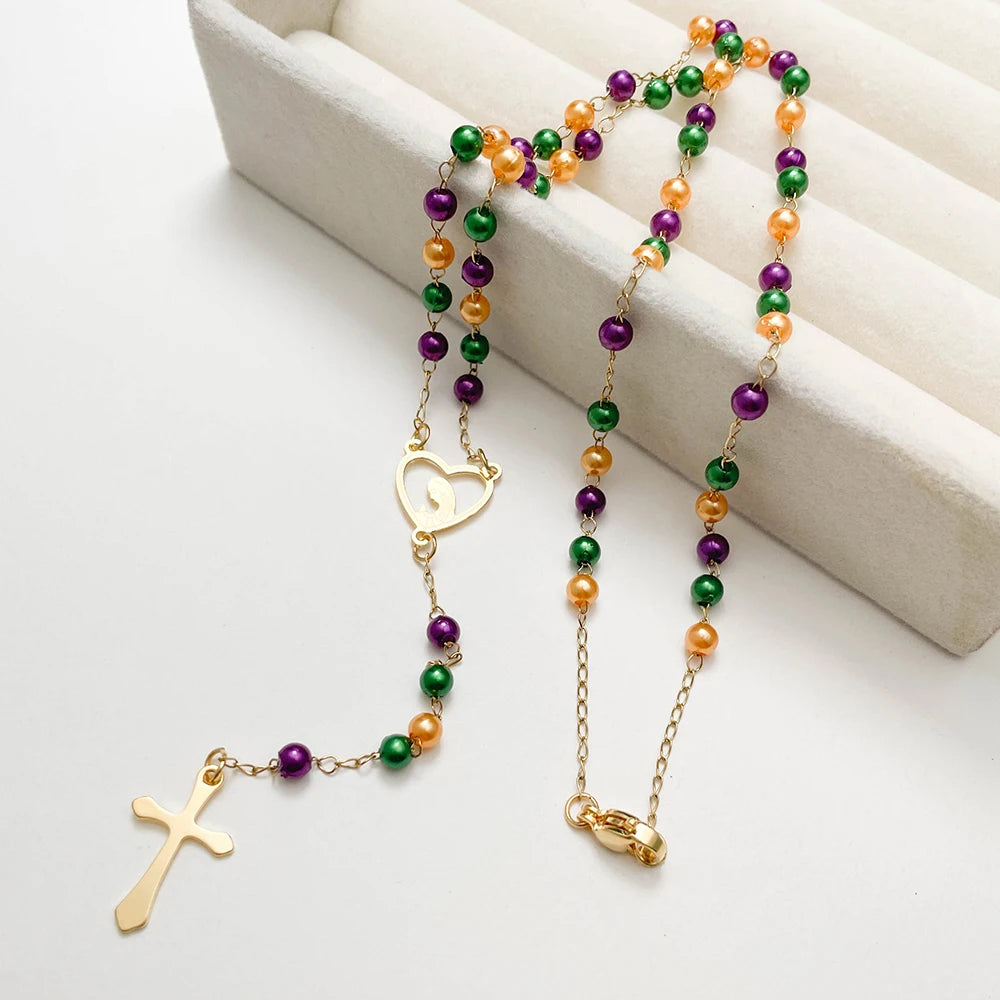 Gold Plated Stainless Steel Virgin Mary Cross Rosary Necklace
