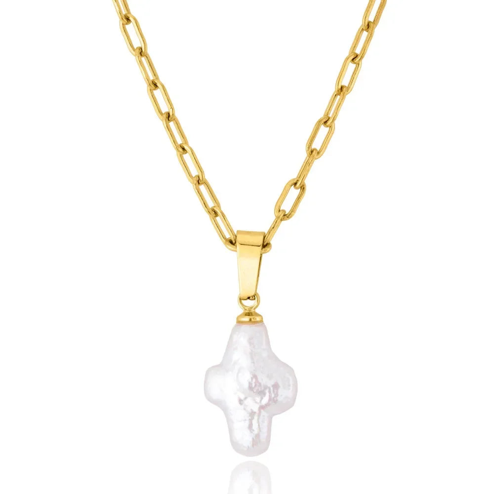 Irregular Pearl Cross Pendant Necklace