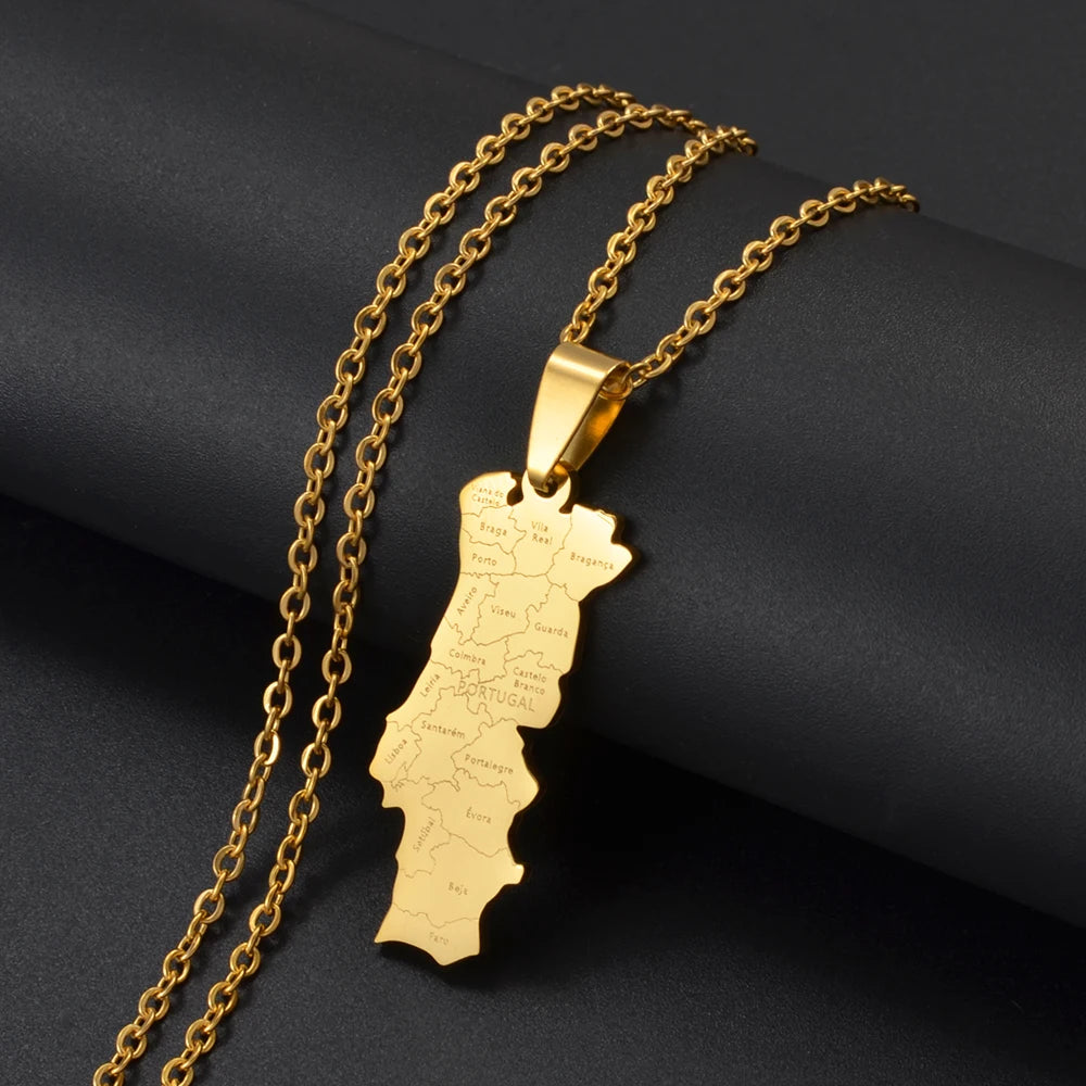 Stainless Steel Portugal Map With Cities Name Pendant Necklace