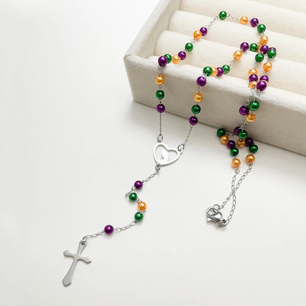 Gold Plated Stainless Steel Virgin Mary Cross Rosary Necklace