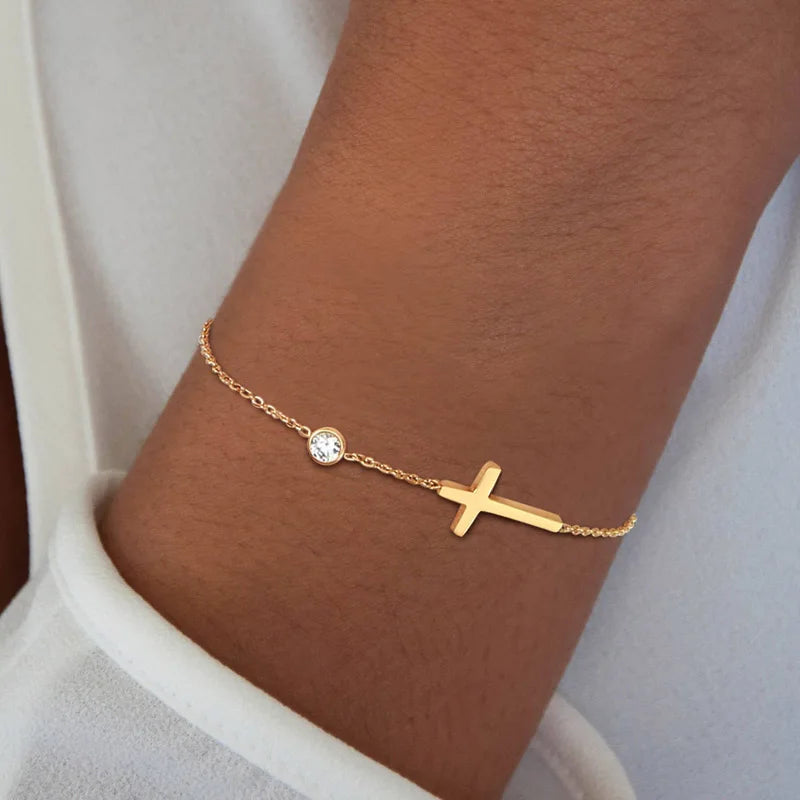 Gold Plated Stainless Steel Zirconia and Cross Bracelet Adjustable