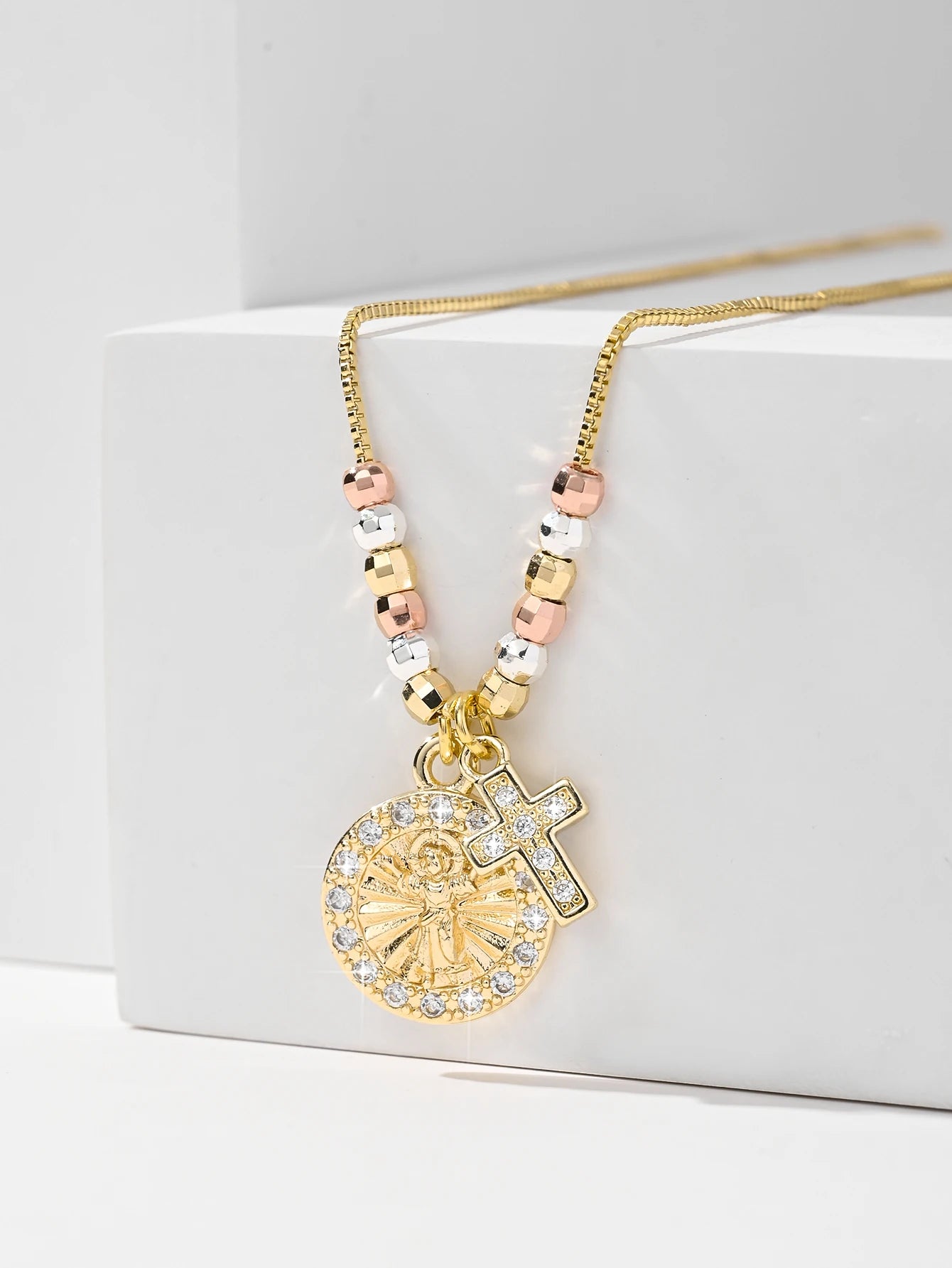 Gold Plated Virgin Mary Round Shape Pendant Necklace