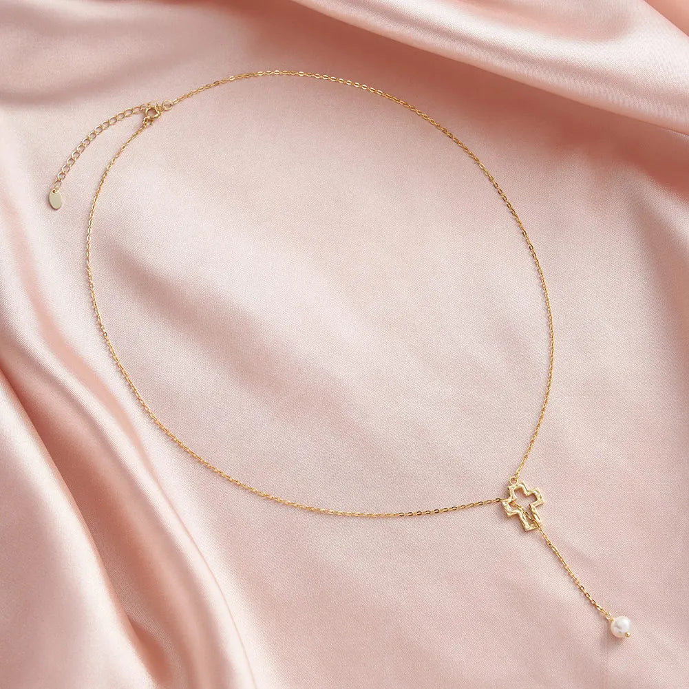 925 Silver Pearl Pendant Chain with Cross Charm Necklace