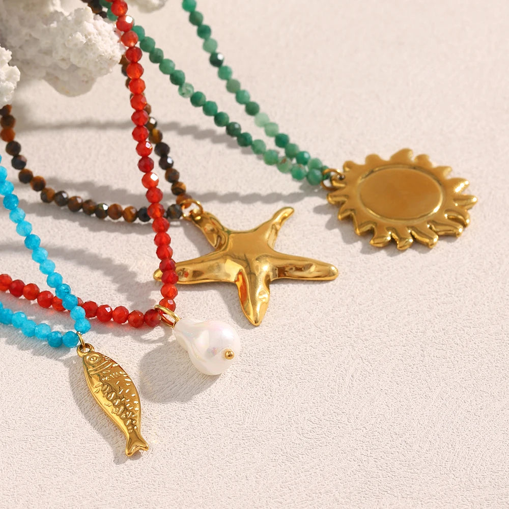 Colorful Natural Stone Chain Star Sun Fish Pearl Pendant Necklace