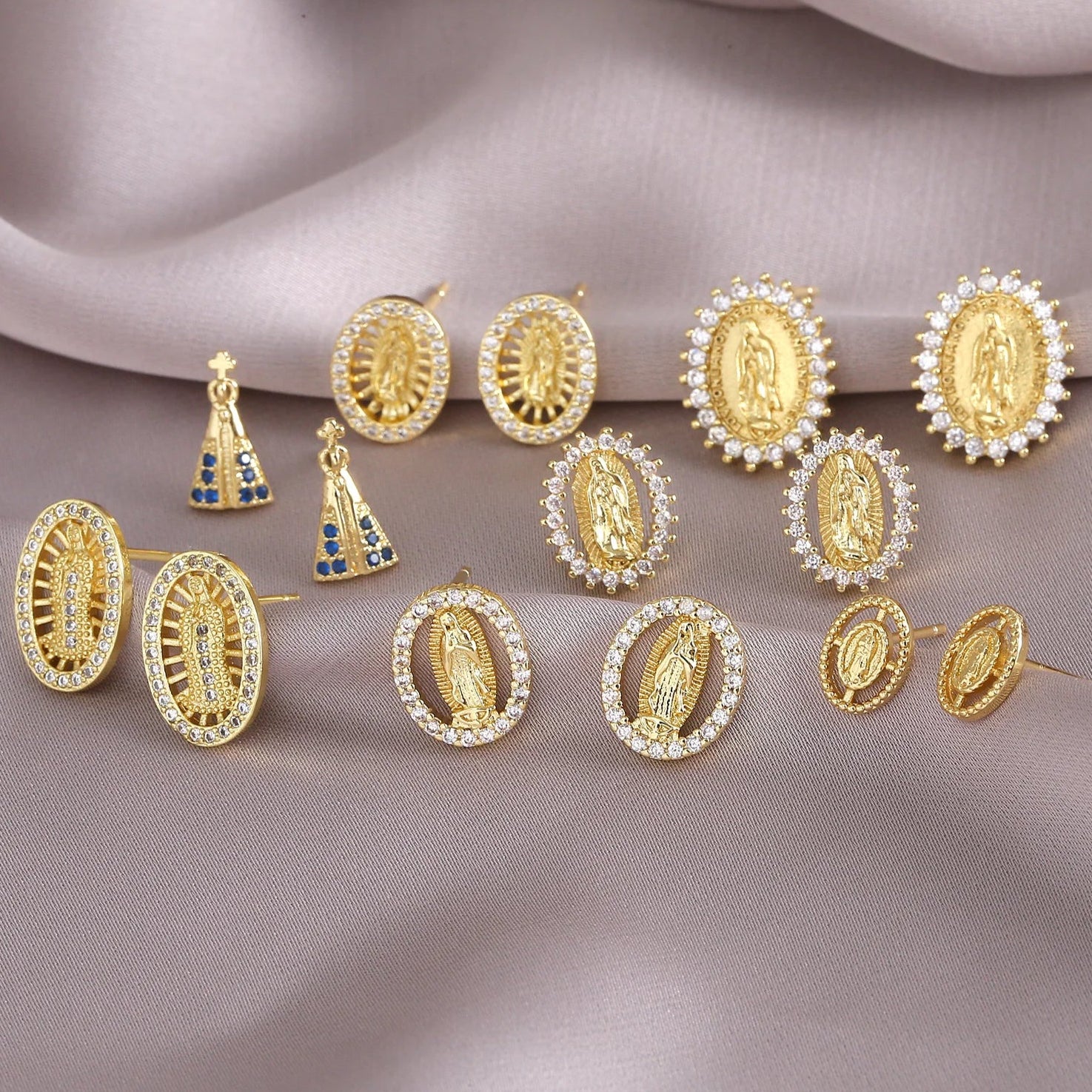 Gold Plated Zircon Virgin Mary Earrings