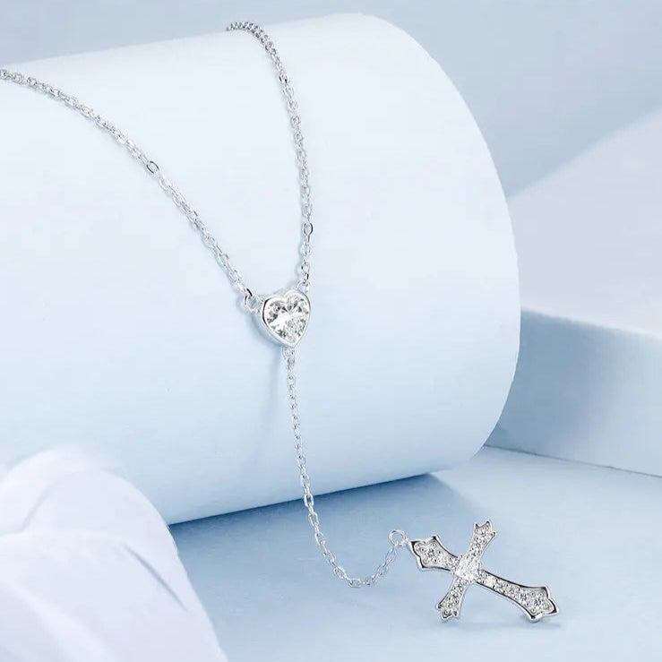 White Gold Plated 925 Sterling Silver Zircon Heart Cross Pendant Necklace Adjustable