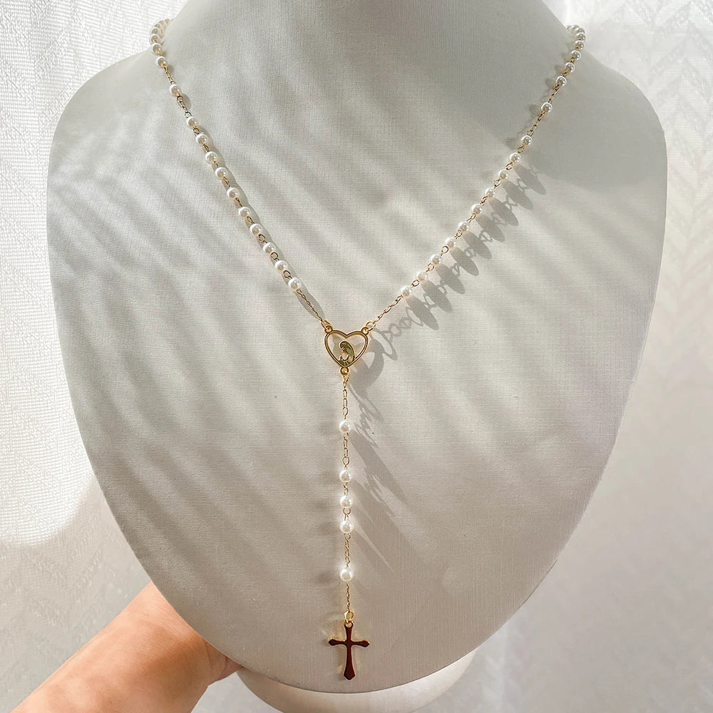 Gold Plated Stainless Steel Virgin Mary Cross Rosary Necklace