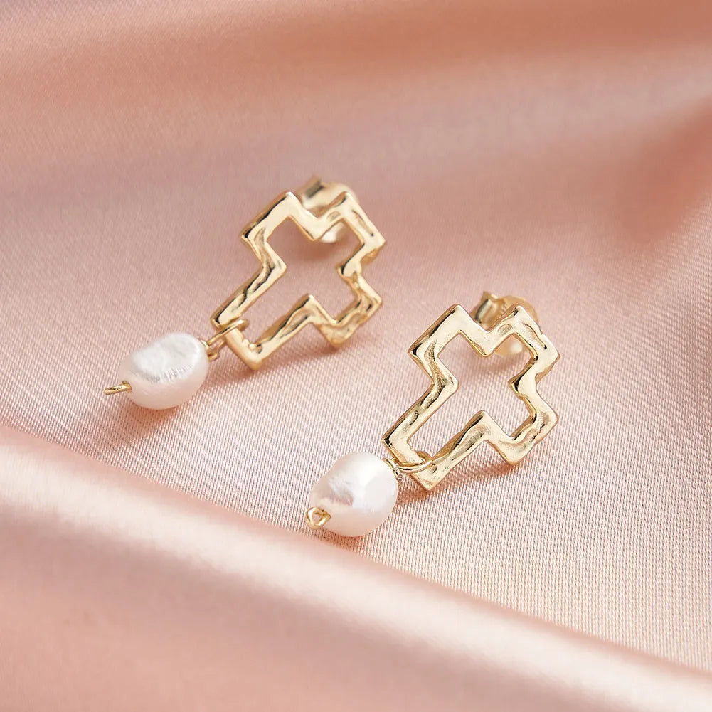 925 Silver Pearl Pendant Chain with Cross Charm Earings