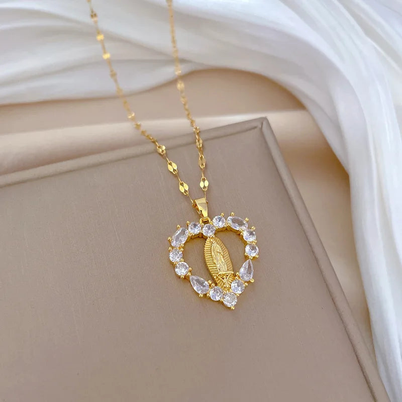 Stainless Steel Virgin Mary Heart Shape Necklace