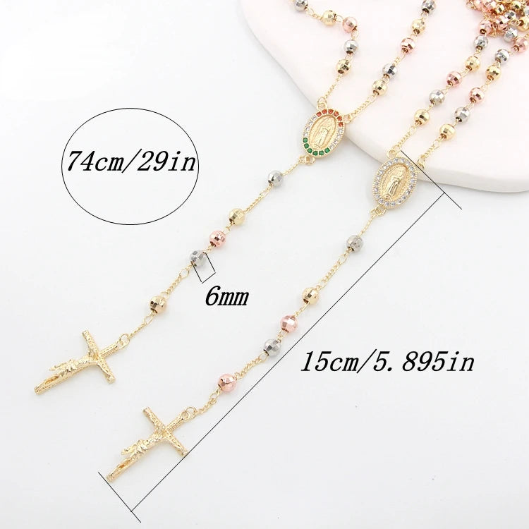 Gold Plated Zirconia Virgin Mary Rosary Tri-color Beaded Wire with Cross Pendent Necklace