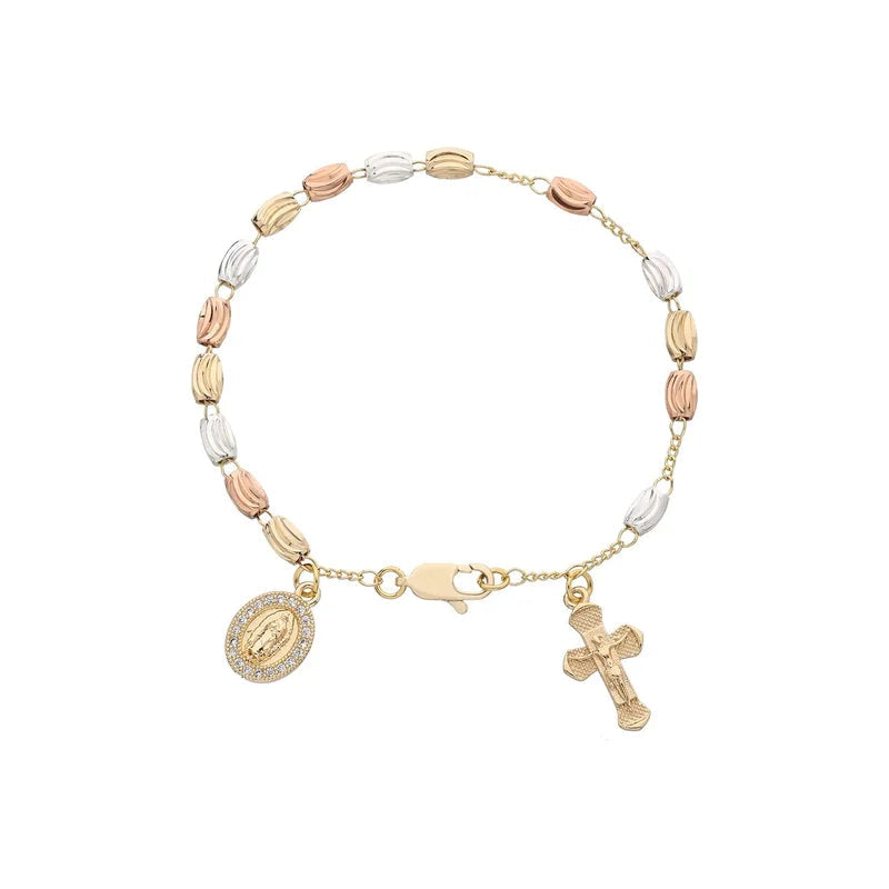 Gold Plated Zirconia Virgin Mary Rosary Bead Bracelet Cross Charm
