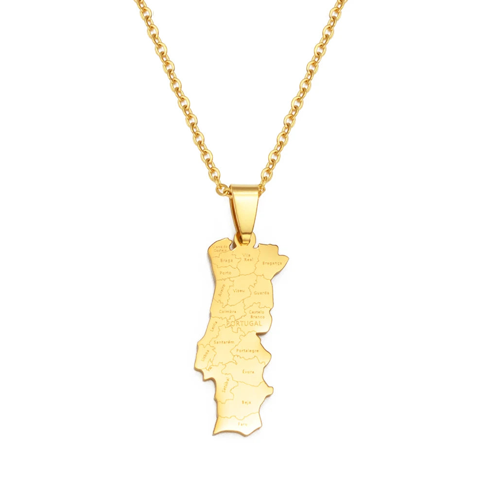 Stainless Steel Portugal Map With Cities Name Pendant Necklace